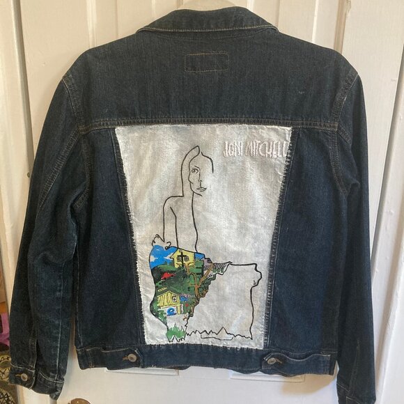 Vintage Hand-Painted Joni Mitchell Denim Jacket - Size L - Picture 1 of 7